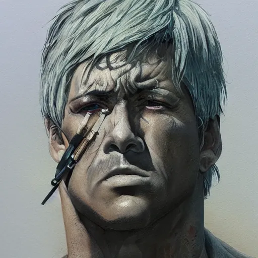 Prompt: detailed details photorealistic kawachi tesshou from the front of armament in the style of bob peak and alex ross, gouache and wash paints color, detailed details facial and body and human and environments and proportionate, detailed 5 k details.