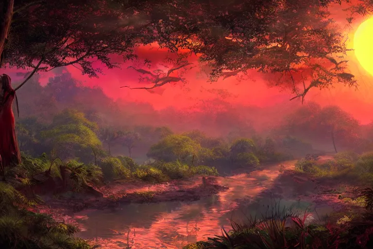 Image similar to gorgeous scarlet android beautiful sunset in the distance through the forest, jungle mountains in the background with immense trees, highly detailed, trending on art station, flying birds in the distance