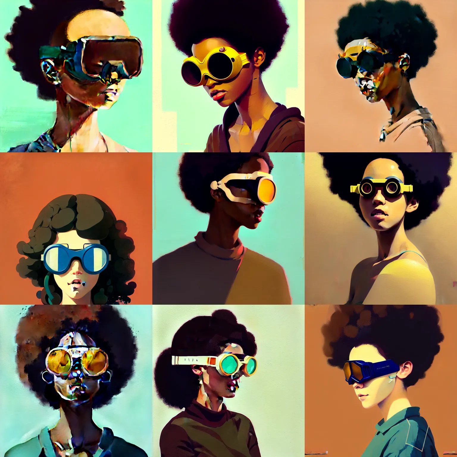 Image similar to Beautiful woman wearing goggles profile picture by Greg Rutkowski, brown skin, afro hair, asymmetrical, studio ghibli, Organic Painting , Matte Painting, geometric shapes, hard edges, street art, trending on the artstation, realistic by Sachin Teng,