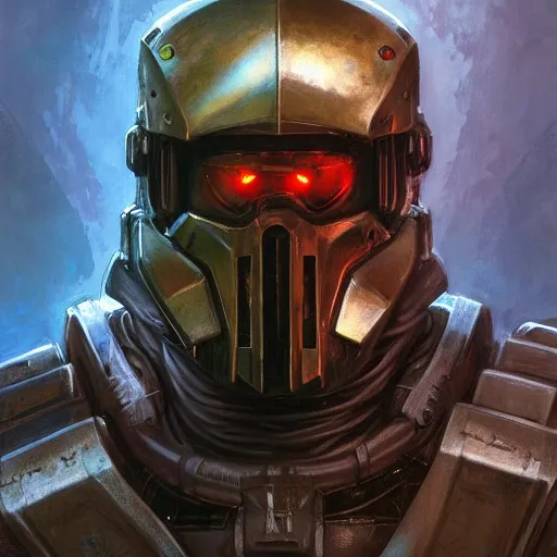 Image similar to the doomslayer as a realistic scifi cyberpunk knight, closeup portrait art by donato giancola and greg rutkowski, vintage retro scifi, realistic face, digital art, trending on artstation, glowing energy shield, symmetry!!!