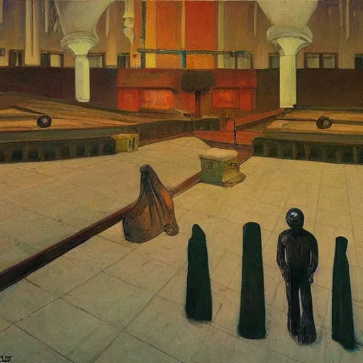 Image similar to apocalyptic scene, prayer, occult, refugees, mosque synagogue interior, gas masks, geometric art, patina, Edward Hopper, PJ Crook