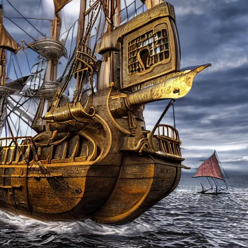 Image similar to modern metal pirate ship, highly detailed, 4k, HDR, smooth, sharp focus, hyper realistic, high resolution