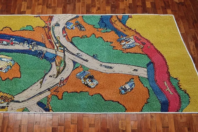Image similar to an elaborate kids road map carpet rug, detailed, made of alcohol ink on parchment and penned illustrations, by wes anderson and geoff darrow!!!!!
