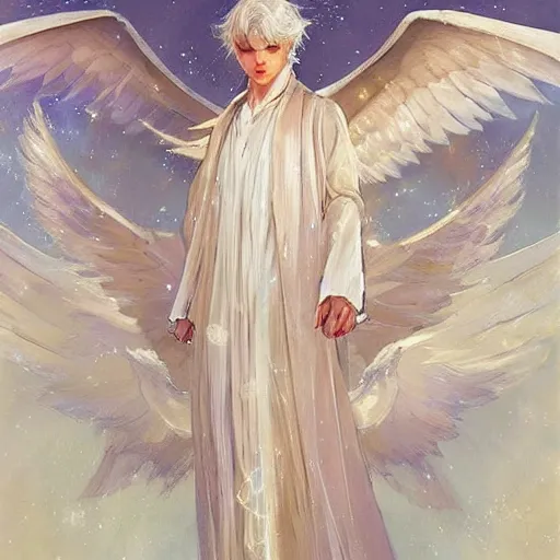 Image similar to harmony of white haired angel yoongi wearing greek clothes, muted colors, sparkles everywhere, big wings, dynamic hair movement, dynamic pose, holographic space, glowing effect, j. c leyendecker, by alan lee, wlop! illustrated by starember, fantasy art by craig mullins