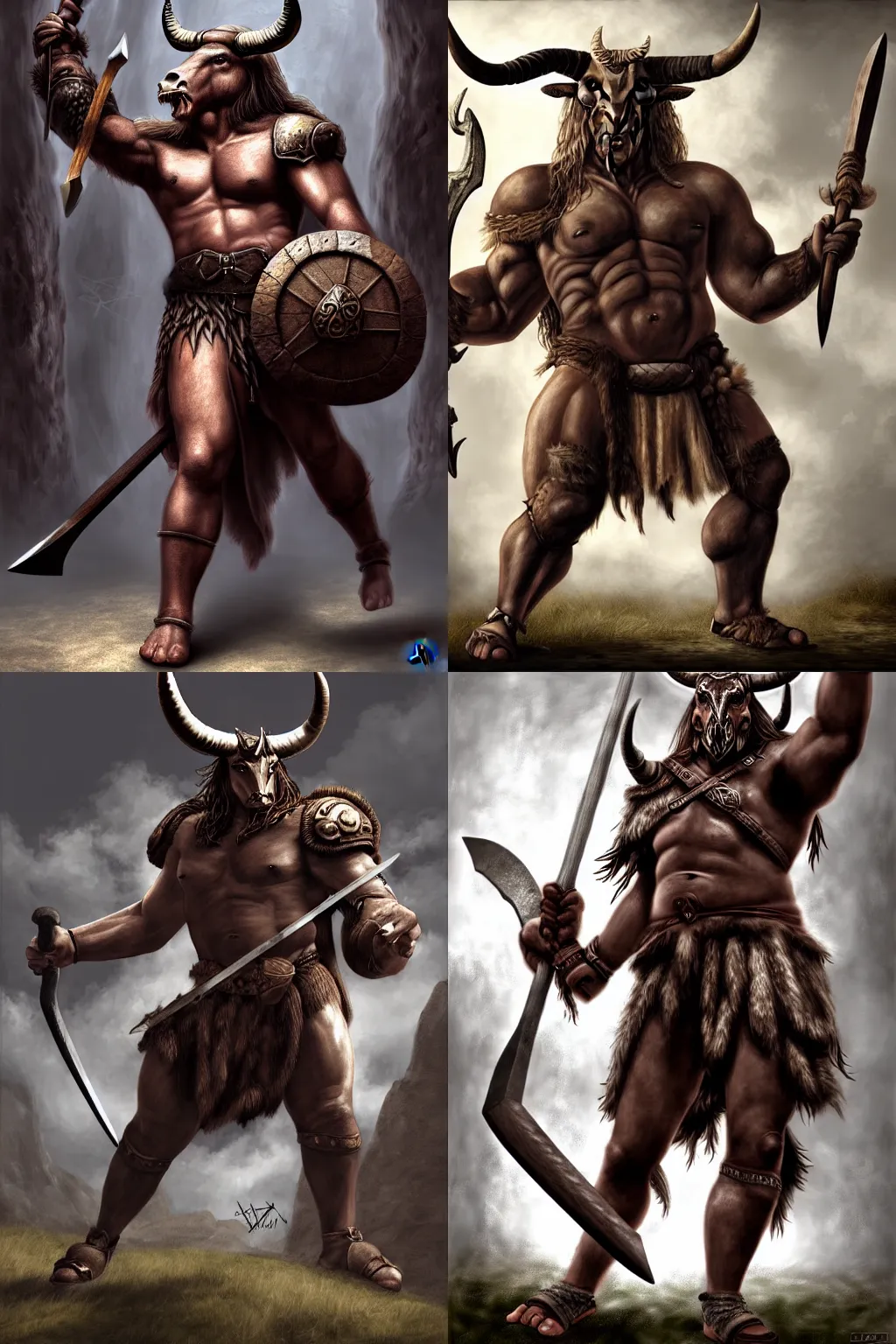 Image similar to Giant horned minotaur warrior with two handed axe, leather armor, full body, muscular, dungeons and dragons, hyperrealism, high details, digital painting, dark fantasy