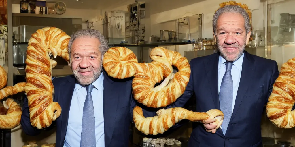 Prompt: alan sugar with really long arms holding some pastry pets. long arms. stretched limbs. pastry sheep, pastry lizard