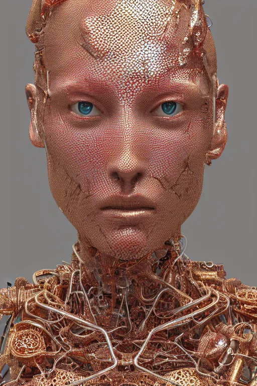 Image similar to Cinestill of A heartbreaking realistic 8k Bernini Sculpture of a complex robotic human face, liquid simulation background, dramatic lighting, silver gold red details, hexagonal mesh wire, filigree intricate details, cinematic, fleshy musculature, elegant, octane render, 8k post-processing, by Yoshitaka Amano, Daytoner, Greg Tocchini