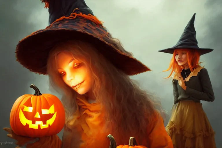 Image similar to portrait of a scarecrow with a jack - o - lantern head and a witch hat, halloween night, charlie bowater, artgerm, ilya kuvshinov, krenz cushart, ruan jia, realism, ultra detailed, 8 k resolution