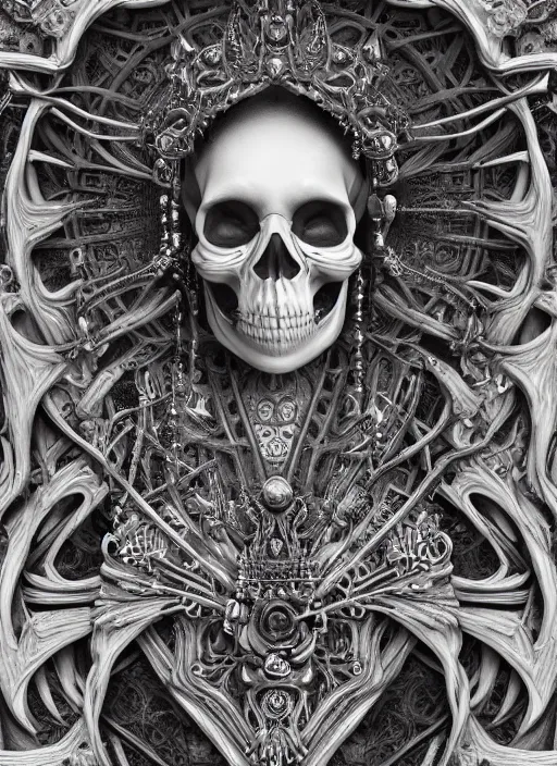 Image similar to a 3 d render of the queen of the underground, intricate details, skull, bones, hyper - realistic, matte painting, hyper - detailed, ornate, mysterious, dark