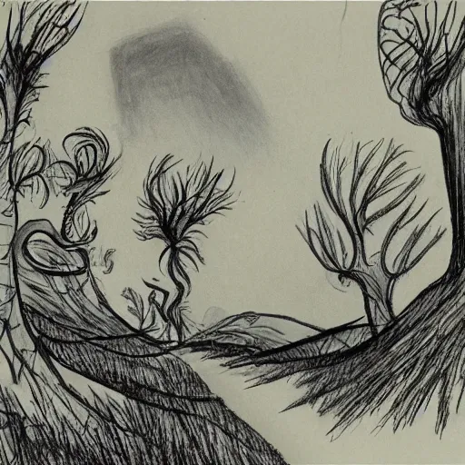 Prompt: sketch of a landscape by dr seuss | horror themed | creepy