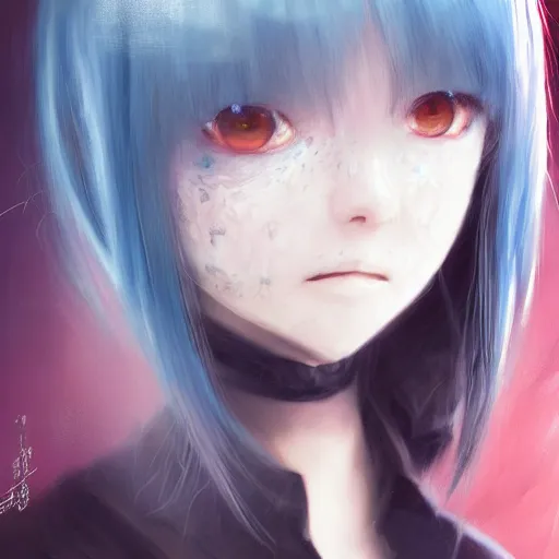 Prompt: full face shot of rimuru tempest, sky blue straight hair, long bangs, closed eyes, wearing a fancy black jacket, high collar, ultra detailed, brush strokes, digital painting, cinematic, wlop artstation, closeup, pixiv, eerie, scary, haunted, spooky, yoshitaka amano, junji ito,