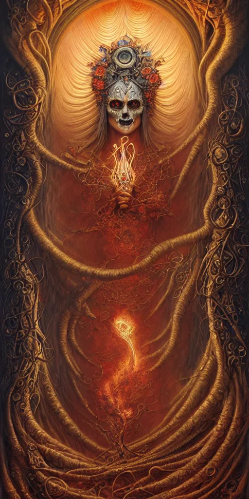 Image similar to A beautiful detailed orixa, tarot card, by tomasz alen kopera and Justin Gerard, symmetrical features, ominous, magical realism, texture, intricate, ornate, royally decorated, skull, skeleton, whirling smoke, embers, red adornements, red torn fabric, radiant colors, fantasy, trending on artstation, volumetric lighting, micro details, 3d sculpture, ray tracing, 8k, anaglyph effect