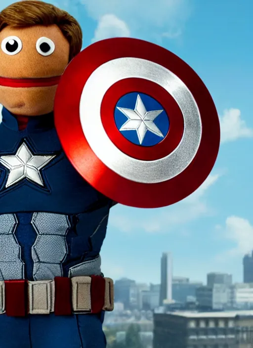 Prompt: captain america as a muppet in the new action movie 4 k atmospheric volumetric