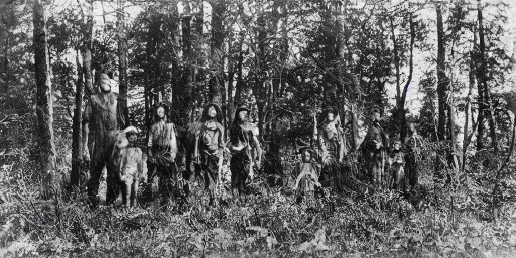 Prompt: family of bigfoots hiding behind trees in an ominous forest, 1 9 0 0 s photography