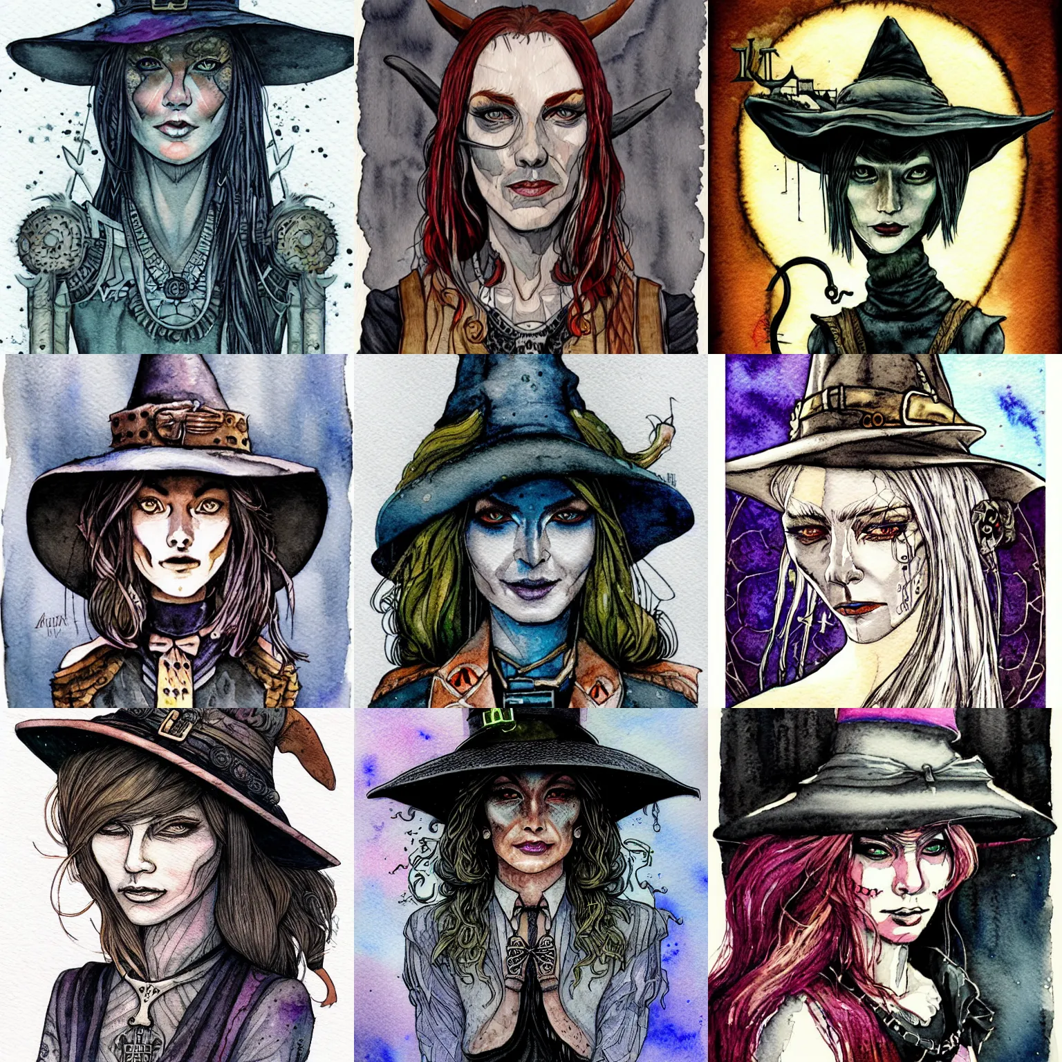 Prompt: automata witch, intricate watercolor portrait by tim doyle