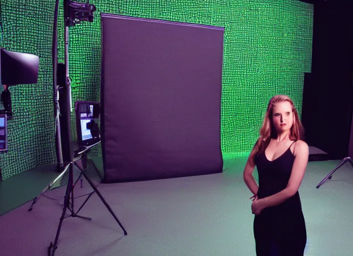 Image similar to a beautiful woman is standing in front of the green screen of the studio. movie vfx breakdown