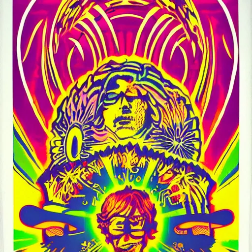 Prompt: Fillmore concert poster for The Bozone April 20, 1969 by Victor Moscoso and S. Clay Wilson, psychedelic, day-glo colors, flowing lettering