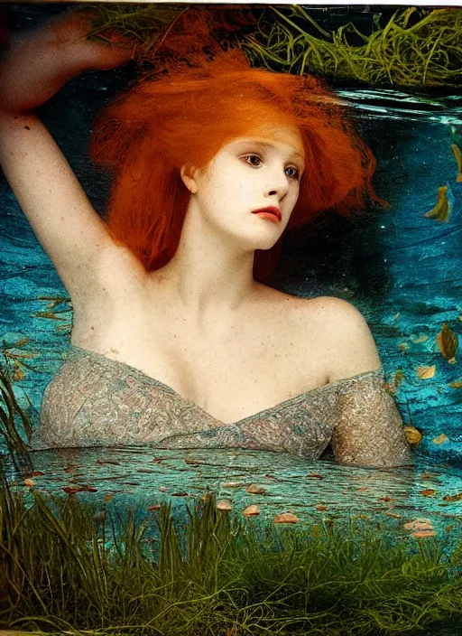 Image similar to lady laying under the sea on the seabed amongst the weeds, underwater shot, submerged, medium shot, on the bed of the river preraphaelite colour photography by rosetti, 8 k