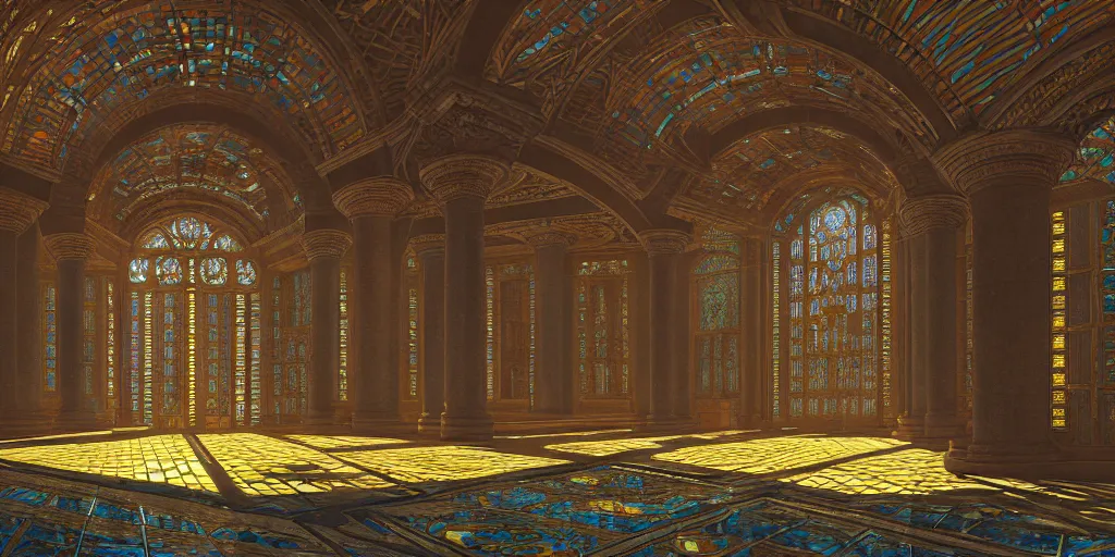 Prompt: beautiful interior render of a huge atlantis palace, symmetric, dazzling light beam penetrated through the window, the style of louis comfort tiffany, pascal blanche, andreas rocha, paul pepera, raphael lacoste, scene render, perfect shadow, exquisite, hyper detailed, gradient, fine structure texture, gothic style, atmospheric lighting, 4 k hd