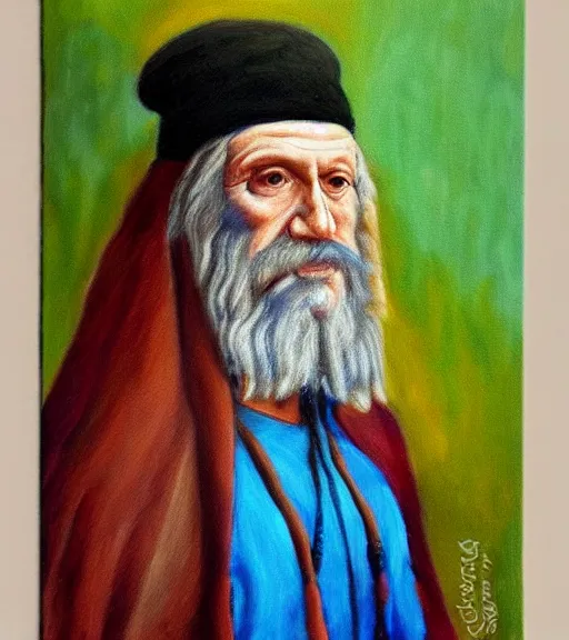 Prompt: Portrait painting in a style of Da Vinci of an old shaman dressed in a colorful traditional clothes.