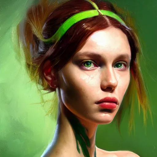 Image similar to a portrait of an intensely lit monstruous insect girl modeling, green, oil painting, pale colors, high detail, 8 k, wide angle, trending on artstation,