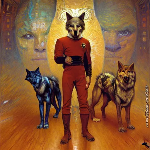 Image similar to a portrait of a wolf dogman canine star trek chief engineer. highly detailed painting by gaston bussiere craig mullins jc leyendecker gustav klimt artgerm greg rutkowski alphonse mucha furry