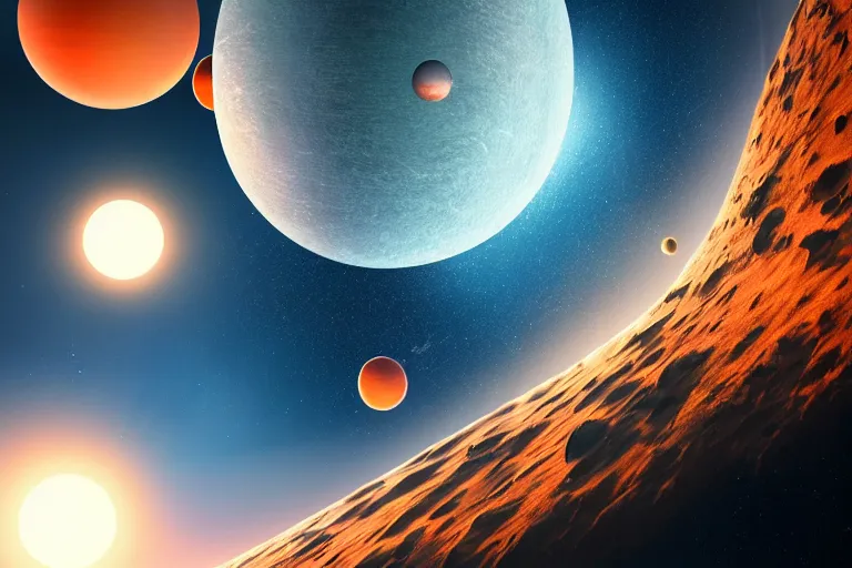 Prompt: beautiful sci fi space landscape with perfectly spherical planets, concept art trending on artstation, blue and orange, volumetric lighting, 8k