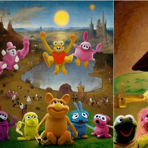 Prompt: painting of muppets and teletubbies and furbies, in the style of hieronymus bosch and johannes vermeer