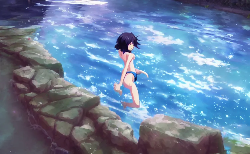 Prompt: An anime girl diving into a pool of water, anime scene by Makoto Shinkai, digital art