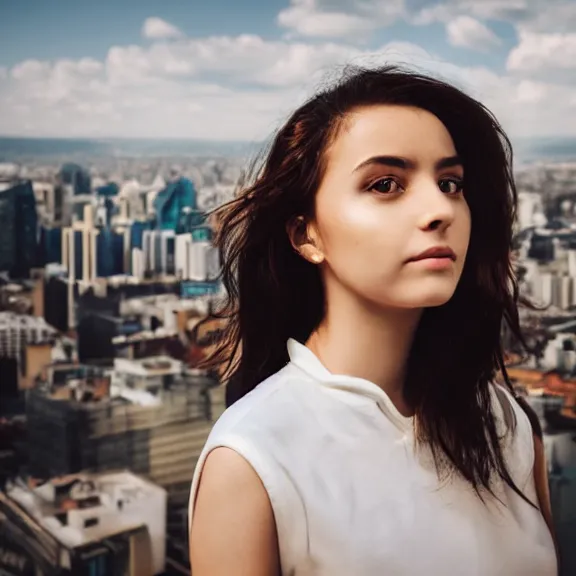 Image similar to portrait of 2 5 - year - old woman godess with angle 9 0 ° centred looking away fresh air, strong spirit, 8 k, cinematic scene, background city blured futuristic