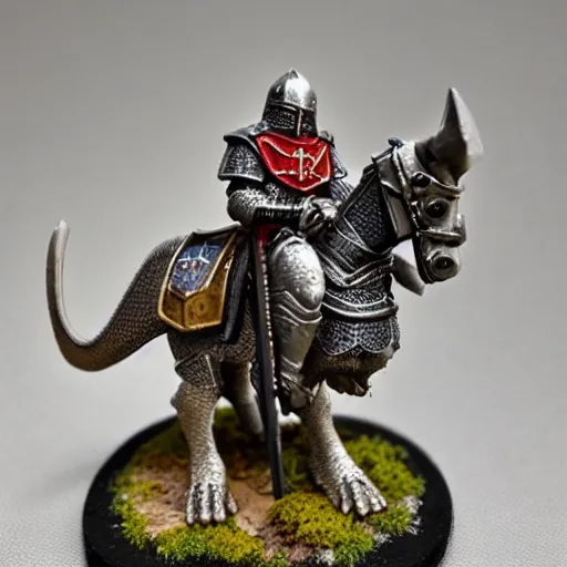 Image similar to D&D, high detail, miniature of medieval knight riding a dinosaur, Lord of the Print, 28mm scale