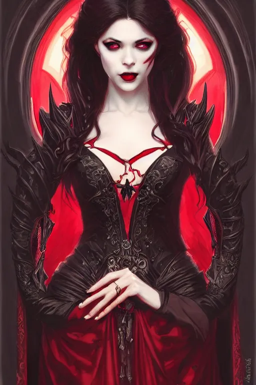 Image similar to Beautiful vampire female princess, black and red silk clothing, black demonic eyes, Full body shot, D&D, fantasy, intricate, elegant, highly detailed, digital painting, artstation, concept art, matte, sharp focus, illustration, hearthstone, art by Artgerm and Greg Rutkowski and Alphonse Mucha