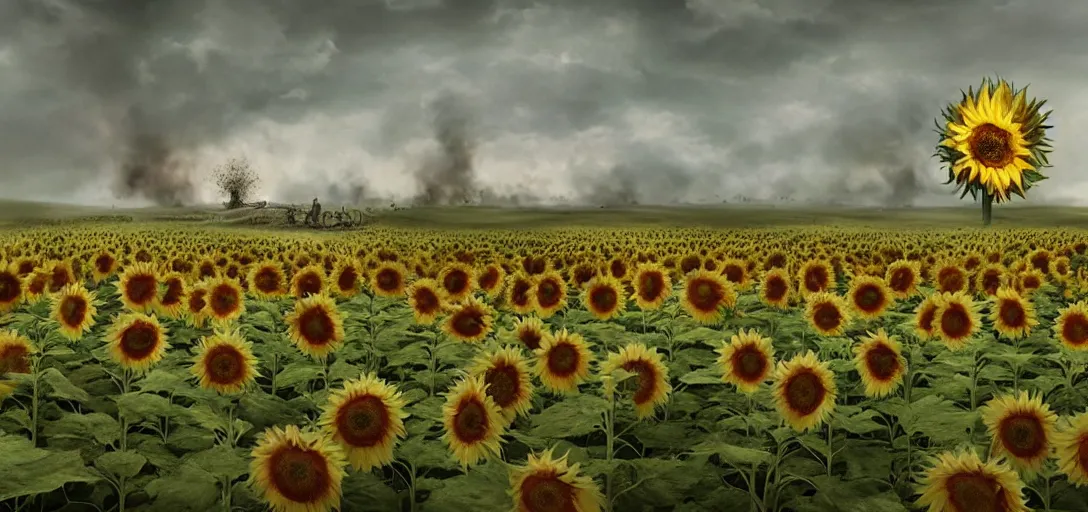 Image similar to the battle of the Somme with one single sunflower, cinematic shot, hyper realistic, hyper detailed