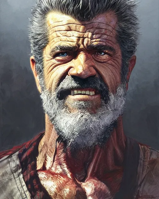 Prompt: mel gibson as berserker old man logan with a large scar across his eye | cinematic lighting | award - winning | closeup portrait | by donato giancola and mandy jurgens and charlie bowater | featured on artstation