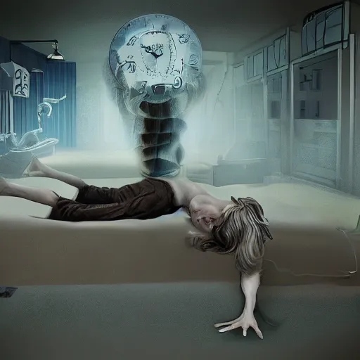Image similar to I woke up in pieces, hospital bound, time is running out, surreal, fantasy, digital art