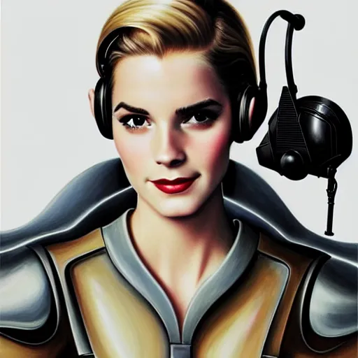 Prompt: A combination of Grace Kelly's and Emma Watson's and Ashley Greene's appearances with blonde hair wearing Power armor and a headset, full body portrait, western, D&D, fantasy, intricate, elegant, highly detailed, digital painting, artstation, concept art, matte, sharp focus, illustration, art by Donato Giancola and James Gurney