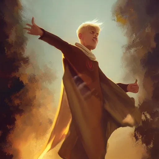 Prompt: blonde boy with golden eyes wearing a brown cape and flying in t pose, energy background, brush strokes, greg rutkowski, oil painting