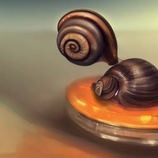 Image similar to snail with headset on its eyes behind pc, highly detailed, trending artstation,