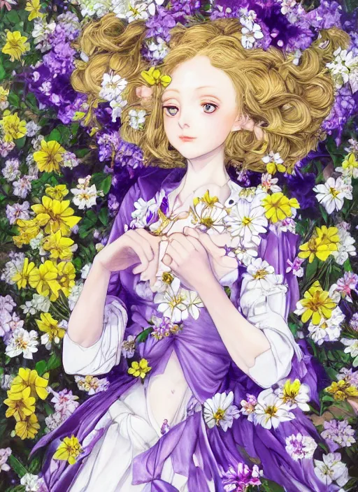 Image similar to elf girl wearing an flower suit, soft hair. light color palate, purple, yellow and white. detailed soft painting, ayami kojima, made in abyss, anatomically correct, ilya kuvshinov, inspired in balthus, high detailed face anime, vogue magazine, glorious composition, mobile wallpaper