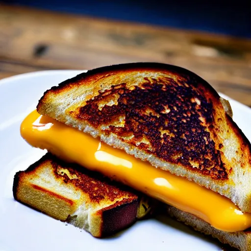 Image similar to A delicious grilled cheese on a plate, garnish, melted cheese, toasted bread, food photography, michelin star, mold, rot