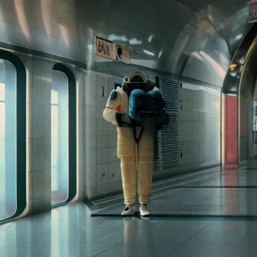 Image similar to a beautiful photo of an astronaut waiting in a subway station, 1970', soft light, morning light, photorealistic, realistic, octane, 8k, cinematic shot