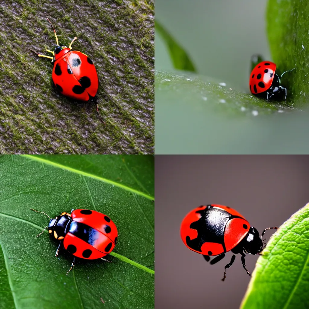 Prompt: ladybug with a human face on a leaf, macrophoto, nature photography, beautiful,