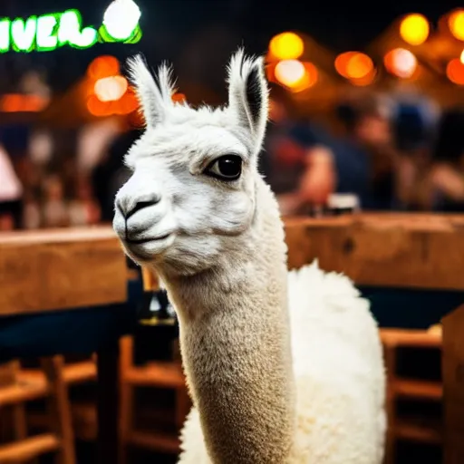 Image similar to llama enjoying beer at oktoberfest , cinematic lighting