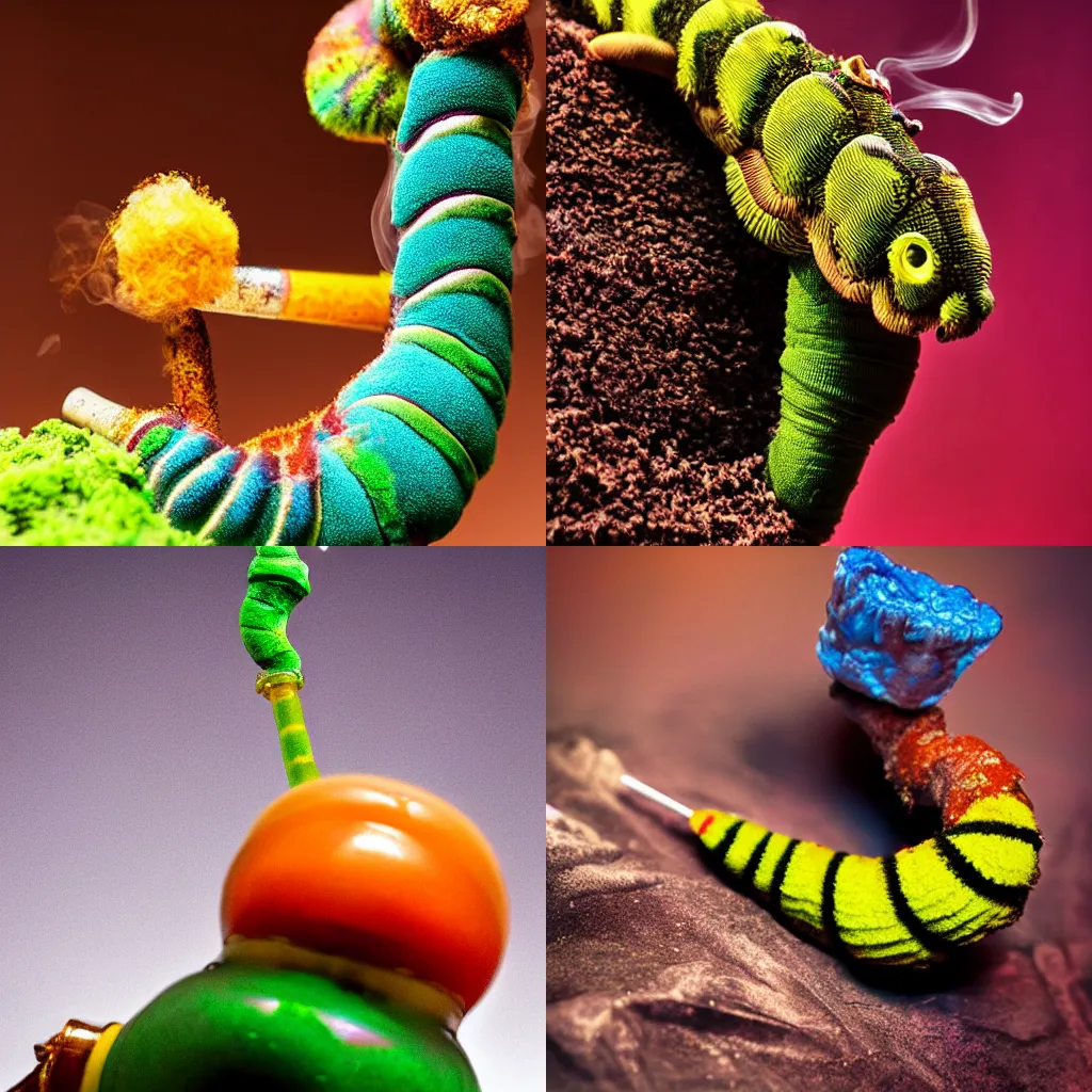 Prompt: giant caterpillar using a hookah, macro photography