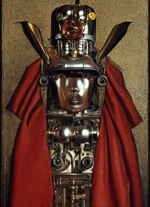 Image similar to a portrait of a shiny metallic renaissance steampunk robot, in the style of Jan van Eyck,