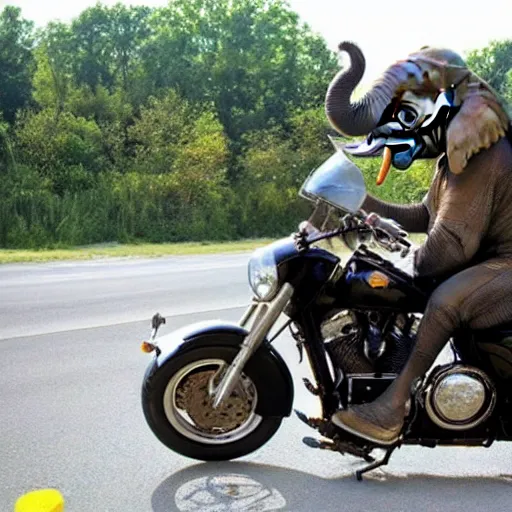 Image similar to elephant on a Harley Davidson on the road, funny picture