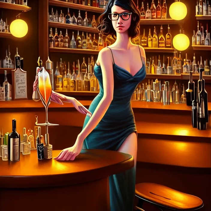Prompt: a young sophisticated beautiful barmaid, dimly lit dive bar, hip modern vibe, relaxed pose, wavy long black hair and glasses, wild, highly detailed, digital painting, artstation, sharp focus, illustration, detailed painterly digital art style by Alfred Charles Parker + perfect facial symmetry + dim volumetric lighting, vibrant deep colors, 🍸, 8k octane beautifully detailed render, post-processing, extremely hyperdetailed, epic composition, grim yet sparkling atmosphere, cinematic lighting + masterpiece, Art Nouveau, unreal engine, hyperrealistic, cell shaded