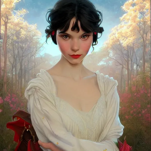 Image similar to portrait of snow white, girl, disney, highly detailed, digital painting, artstation, concept art, smooth, sharp focus, illustration, art by artgerm and greg rutkowski and alphonse mucha