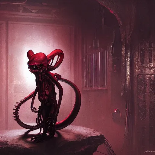 Prompt: mickey mouse xenomorph chimera lurking in dark room, round ears, red pants, designed by h. r. giger, highly intricate detailed 8 k ultrarealistic octane render by artgerm and rutkowski and beksinski and mucha