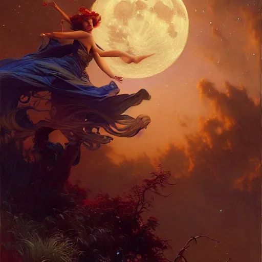 Image similar to attractive witch magically flying trough the night, fantasy, full moon in background. highly detailed painting by gaston bussiere, craig mullins, j. c. leyendecker 8 k